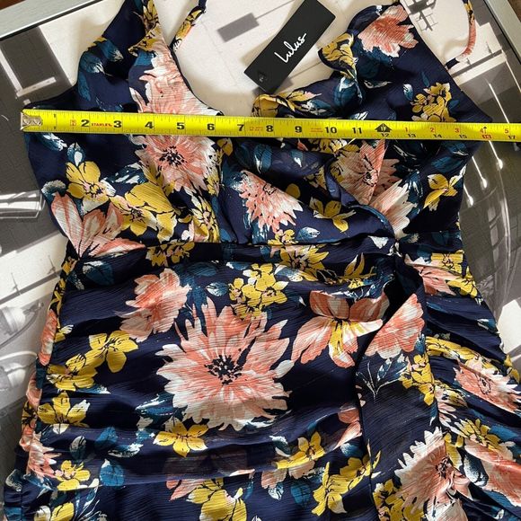 NEW Lulu’s Dress Womens Medium Stunning Soiree Blue Floral Ruched‎ Midi Slit - Picture 10 of 16